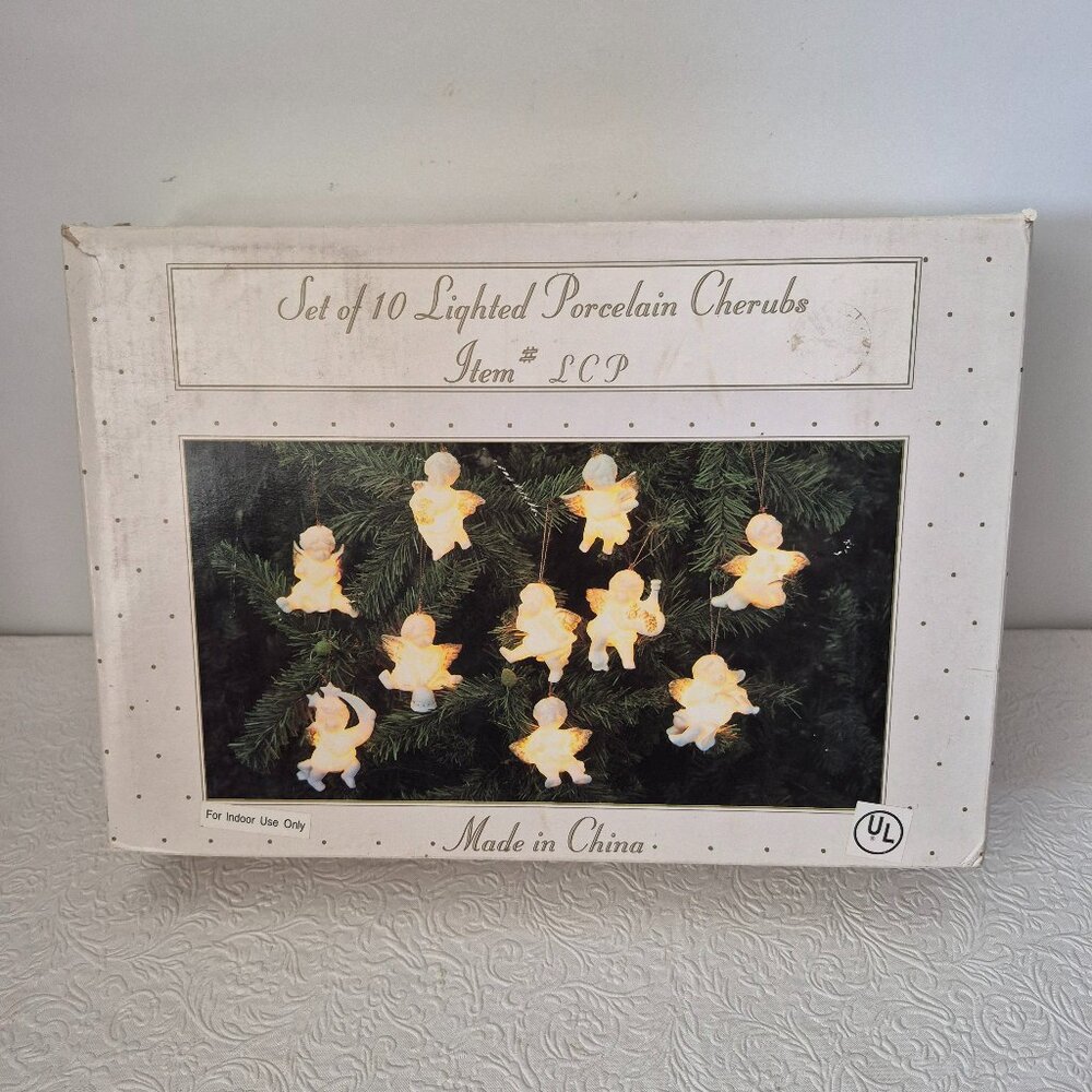 Vintage Lighted Porcelain Cherubs Strand Indoor Lights Set of 10 White Gold